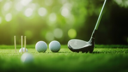 Golf equipment set up on a well-maintained green. Featuring a golf club, balls, and a tee. Highlighting the readiness for a round of golf. Ideal for golf enthusiasts and sports blogs.