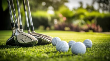 Golf equipment set up on a well-maintained green. Featuring a golf club, balls, and a tee. Highlighting the readiness for a round of golf. Ideal for golf enthusiasts and sports blogs.