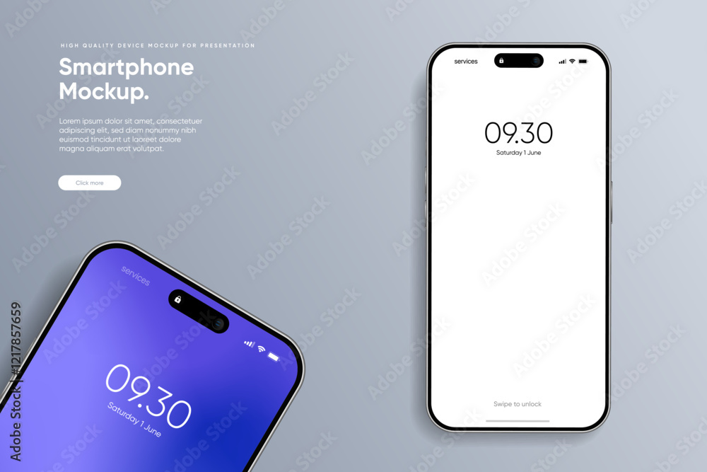 Poster Realistic smartphone mockup. Mobile phone vector with isolated on white background. Device front view. 3D mobile phone with shadow. Realistic, high quality smart phone mockup for ui ux presentation.