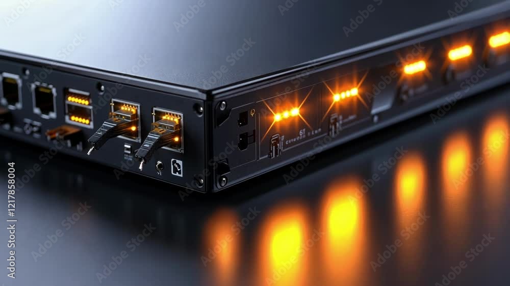 Poster network server showing data transfer with flashing orange lights, cables plugged in, and various por