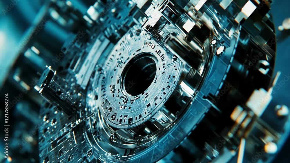 Poster intricate metallic components of an industrial machine part rotate within a larger assembly, bathed 