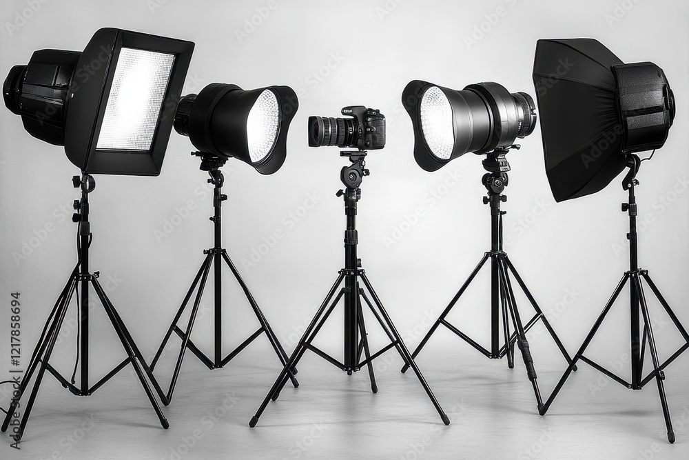 Poster a photography studio setup with lights and a camera on a tripod.