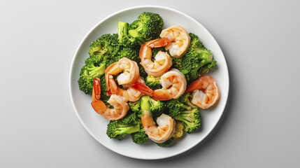 Plate with and broccoli. Dish, salad, gray, background shrimp, lies, plate. Plate of shrimp and a salad lying on top of it. A plate of shrimp and a salad lying on a gray background. Lifestyle.
