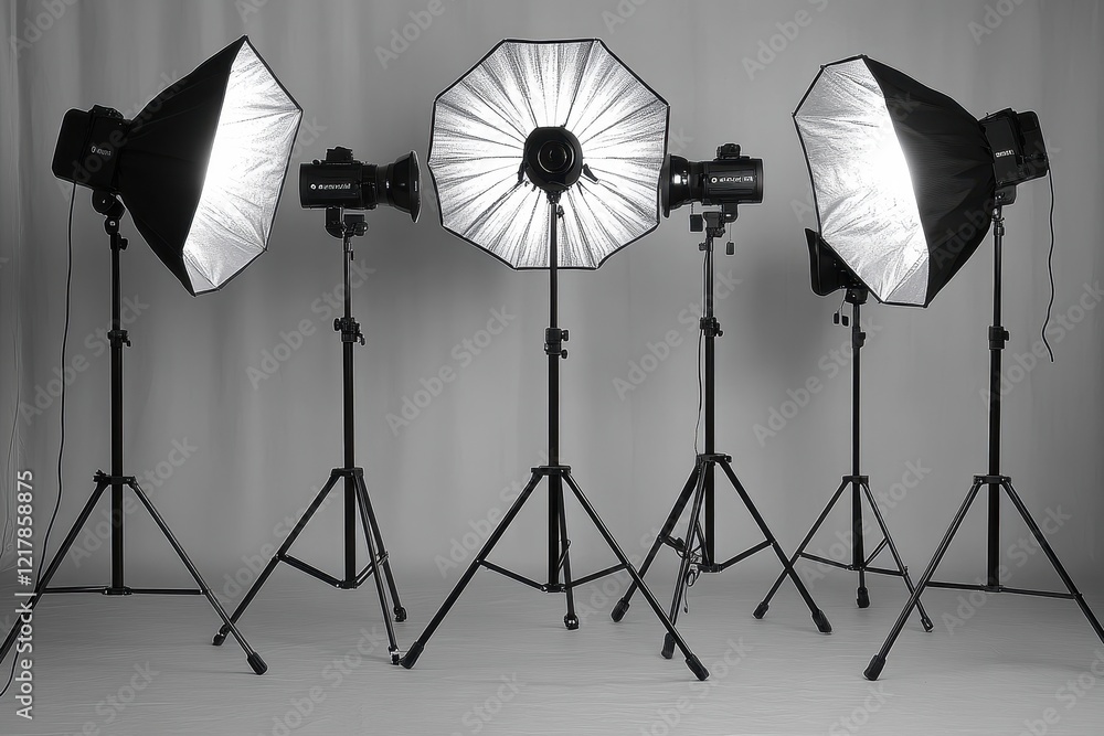 Poster a studio setup featuring multiple softbox lighting equipment on tripods.