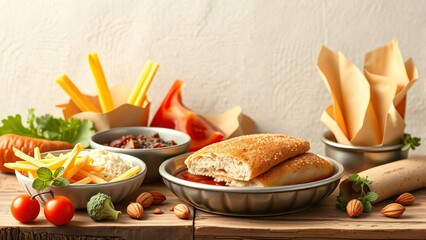 Healthy Food Ingredients with Baked Bread on Wooden Table