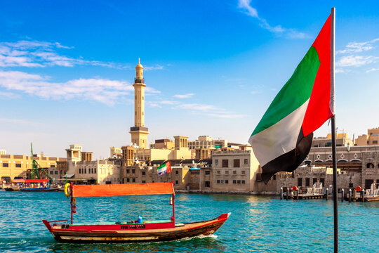UAE flag and Abra boat in Dubai