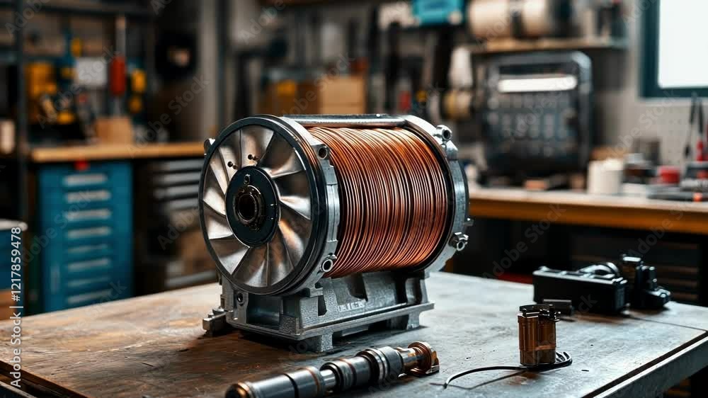 Poster shiny new copper coil winding resting on a workbench in a mechanical workshop, surrounded by various