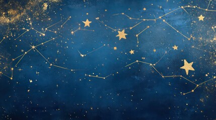 Gold stars connected by faint golden lines, forming constellations on blue.