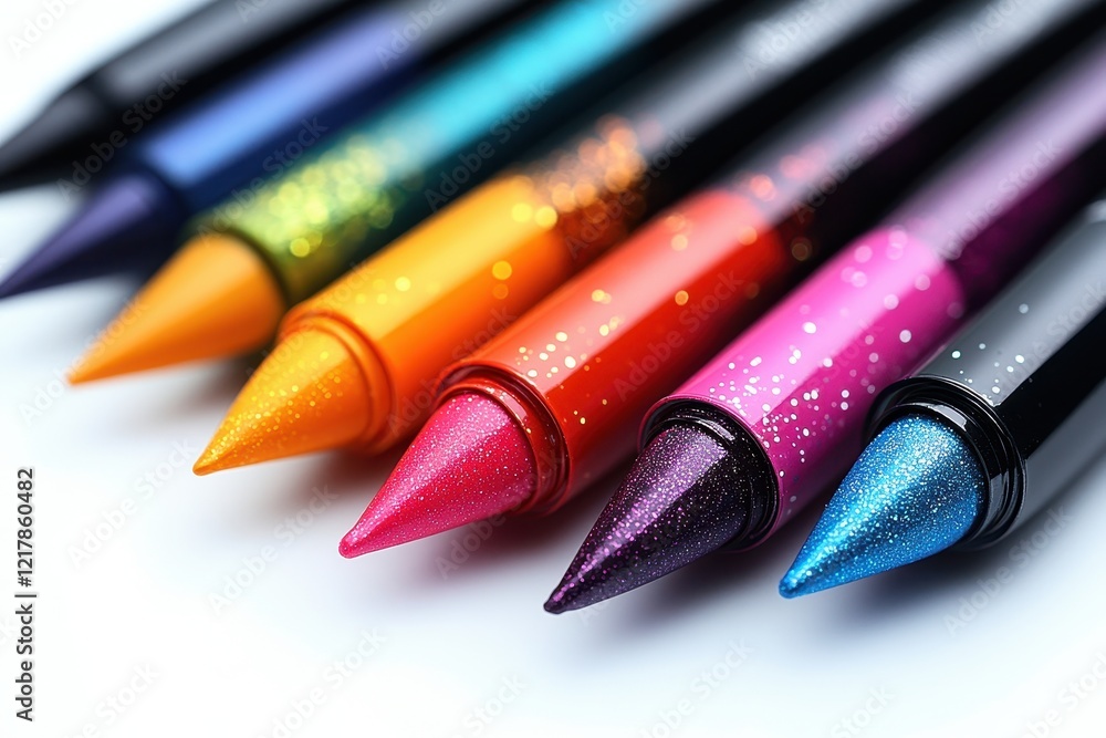 Poster a vibrant array of glittery crayons arranged in a colorful line.