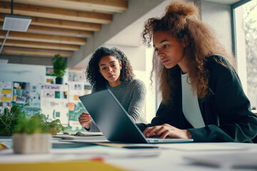 Two Female Designers Collaborating on a Creative Project Using a Laptop in a Modern Studio Workspace