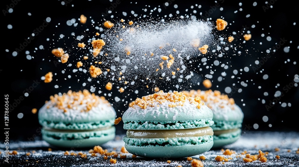 Poster a close-up shot of three doughnuts with sprinkles erupting from them on a black background