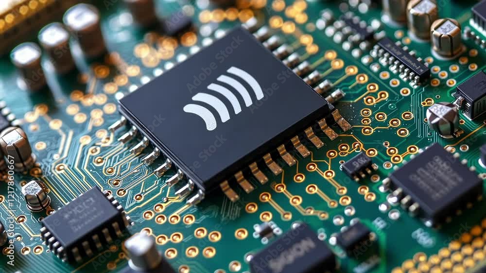Poster close up of a wireless communication chip integrated into a complex circuit board, symbolizing advan