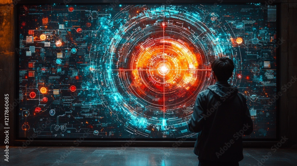 Poster Individual stands in front of large virtual screen featuring vibrant digital target segmented audience icons showcasing advanced analytics and advertising precision in modern workspace.