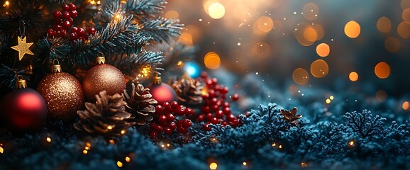  Christmas Tree With Ornaments In Blue And Bokeh Lights - Real Fir Branches With Glittering In Abstract Defocused Background - This Image Contain 3d Rendering Elements 