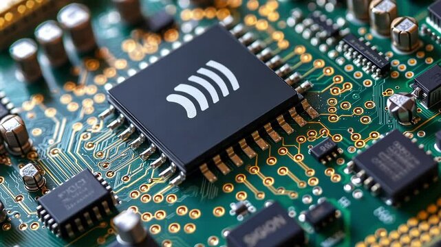 Close up of a wireless communication chip integrated into a complex circuit board, symbolizing advanced technology and seamless data transfer in modern electronics