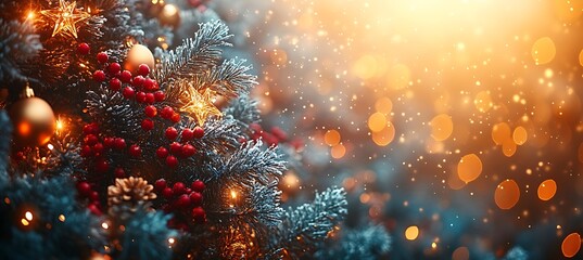  Christmas Tree With Ornaments In Blue And Bokeh Lights - Real Fir Branches With Glittering In Abstract Defocused Background - This Image Contain 3d Rendering Elements 
