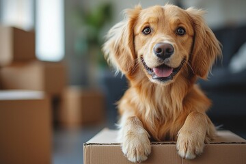 Fototapeta na wymiar cheerful dog sits atop moving box while family members unpack their belongings in bright and welcoming home filled warmth and joy.