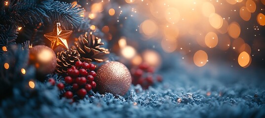  Christmas Tree With Ornaments In Blue And Bokeh Lights - Real Fir Branches With Glittering In Abstract Defocused Background - This Image Contain 3d Rendering Elements 