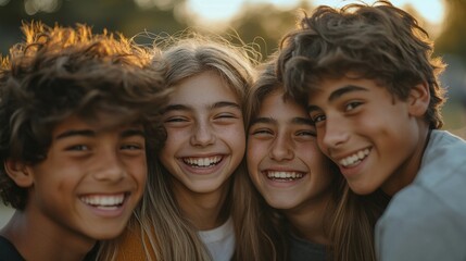 Fototapeta premium Four joyful friends are smiling brightly and having a lot of fun together in a beautiful outdoor environment