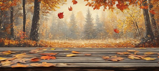 Autumn Table - Orange Leaves And Wooden Plank At Sunset In Forest 