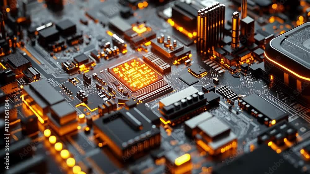 Poster complex electronic circuit board featuring glowing orange components and dynamic data flow, highligh