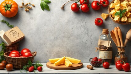 Rustic Kitchen Still Life with Tomatoes, Cheese, and Herbs - Copy Space