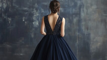 Floor-length navy dress with an open back and delicate beaded accents