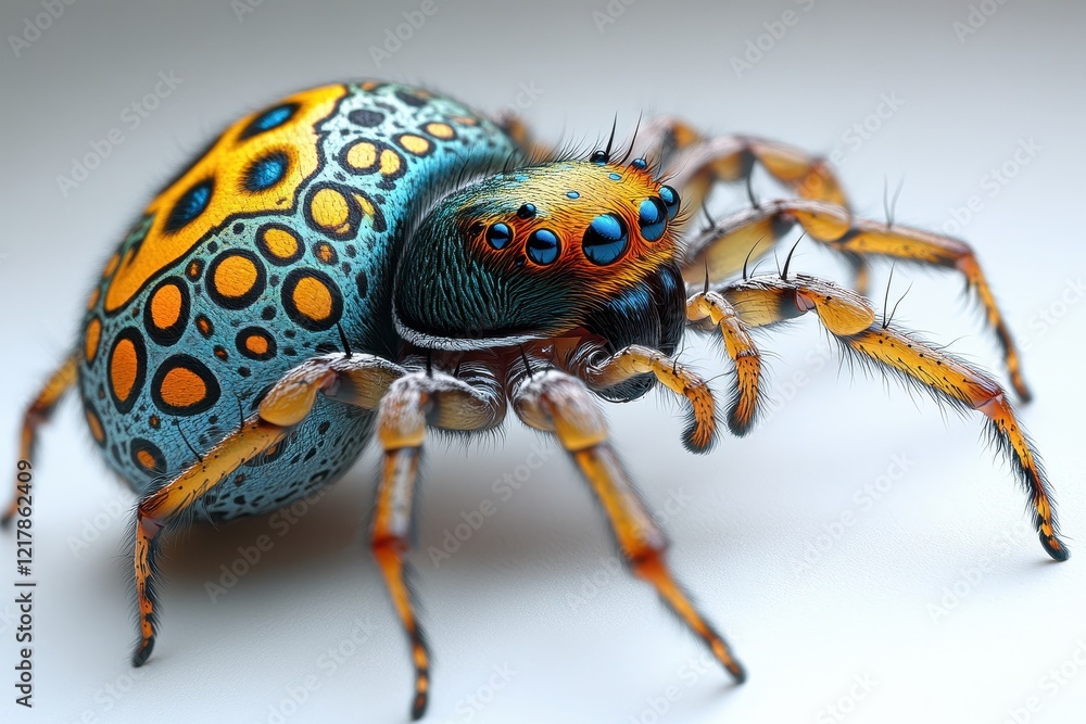 Poster a vividly colored spider with intricate patterns and striking features.