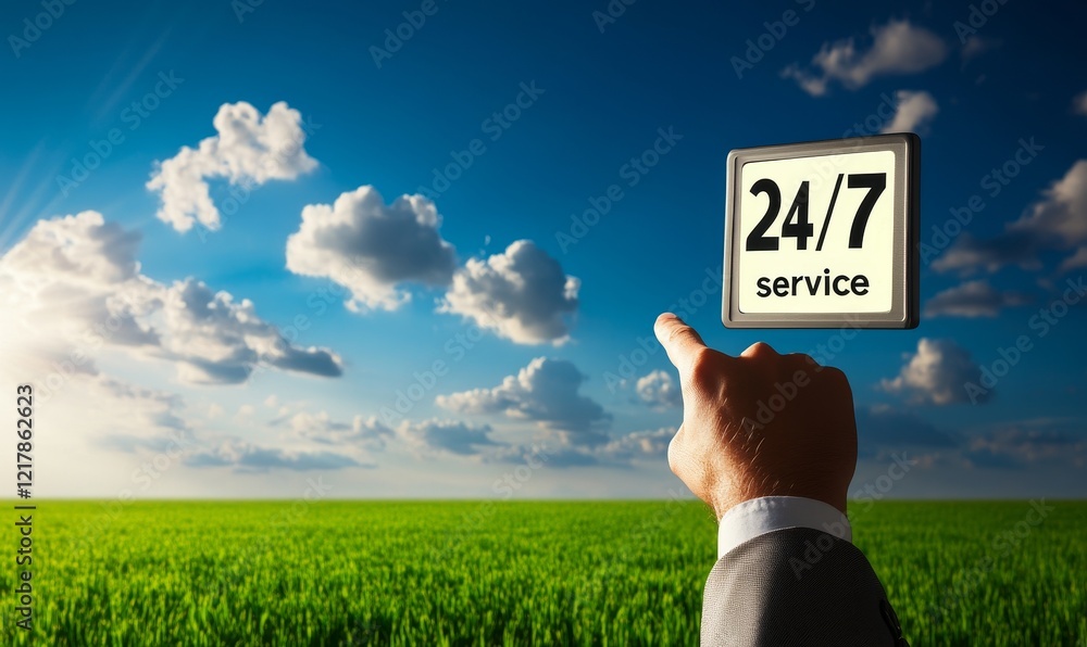 Poster a businessman operates a button for around-the-clock service against a backdrop of green grass and a