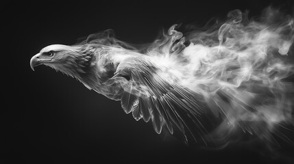 An flying in. Eagle, , black, background flies, gray, smoke. A gray eagle flies in air with smoke. A black eagle flying in the background of smoke. The eagle is in the air, and the smoke lifestyle is.