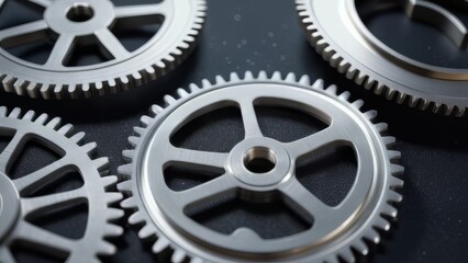 A close up of four gears, all of which are silver. The gears are all different sizes and are arranged in a row. Concept of precision and order, as the gears are all perfectly aligned