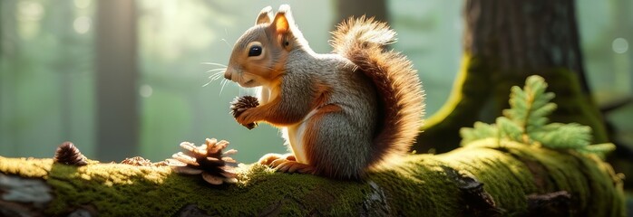 Obraz premium A squirrel is sitting on a mossy log in a forest. The scene is peaceful and serene, with the sunlight filtering through the trees and casting a warm glow on the moss