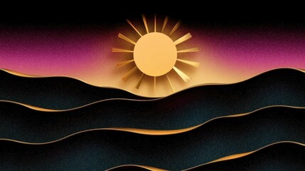 A vibrant digital illustration depicting a stylized sun rising above wavy black mountains with a gradient sky in shades of purple and gold.