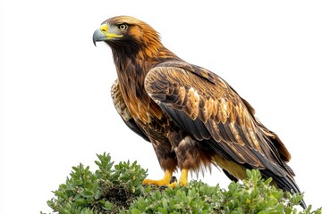 Obraz premium A majestic golden eagle perched on a green bush against a white background.