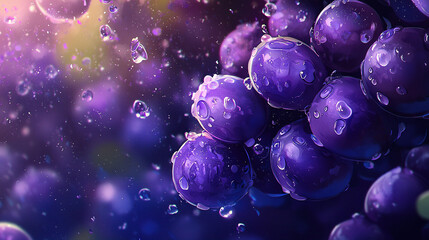   A photo capturing close-up of multiple purple spheres with water droplets and bright yellow illumination in the background