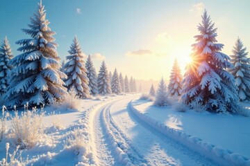 Frosty morning landscape with snow-covered trees and bright sunlight, snowflakes, winter landscapes