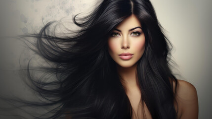 Naklejka premium A stunning young woman showcases her long black hair, radiating beauty and grace in this captivating portrait.