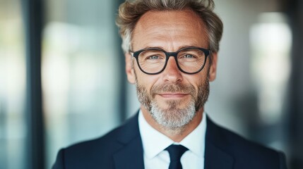 Fototapeta premium A poised businessman in a sharp suit gazes confidently at the camera, with a blurred backdrop that emphasizes his presence.