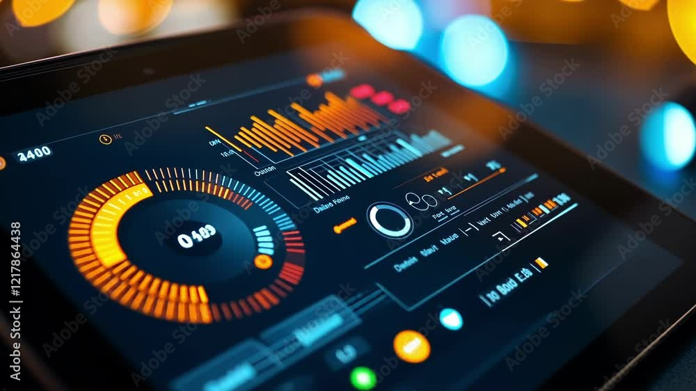 Poster futuristic dashboard displaying complex data analysis with colorful charts, graphs, and metrics on a
