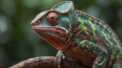 Fototapeta premium Chameleon, Green lizard on tree branch blending with nature in vibrant colors, Close-up Portrait of Colorful Chameleon on tree branch, Green Lizard on Forest Background