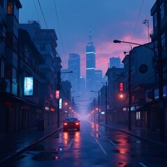 Fototapeta premium A quiet city street after rain reflects neon lights under a dusky sky