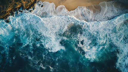 Aerial view of ocean waves crashing onto a sandy beach.