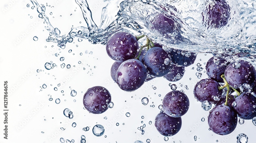 Poster a group of grapes floating in water with a splash on either side at the bottom