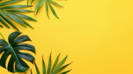 Vibrant green palm leaves contrast beautifully with a sunny yellow backdrop, creating a fresh summer vibe.