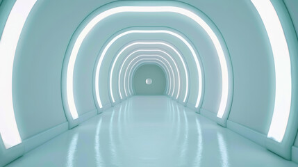 Obraz premium Explore a sleek corridor in a futuristic spacecraft, blending advanced technology with ultramodern design elements.