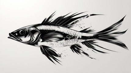 Fototapeta premium Monochrome fish illustration, dynamic pose, white background, splash effect, design element