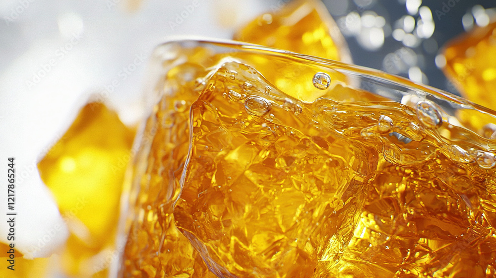 Poster a sharp image of an orange drink in a glass, complete with small air bubbles, against a hazy backdro