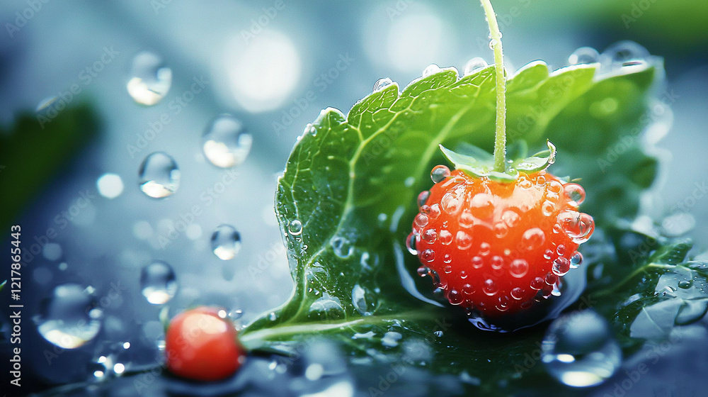 Poster a macro shot of a raspberry on foliage with droplets
