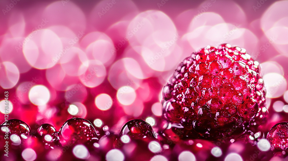 Poster a close-up of a strawberry on a pink background with a blurry bokeh of lights in the background