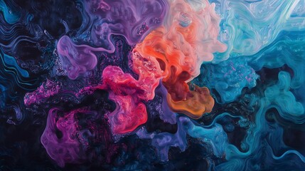 Fototapeta premium A close-up of swirling colors and shapes, resembling an ink cloud in deep blue, purple, orange, pink, red, teal, and green